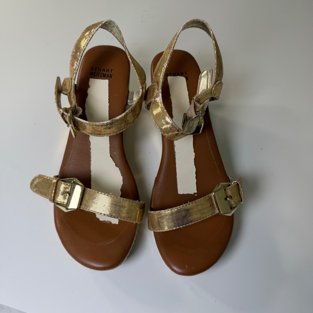 Stuart Weitzman Metallic Gold‎ Wedge Sandals Buckle Straps Size 4 US 36 Euro - Picture 8 of 10